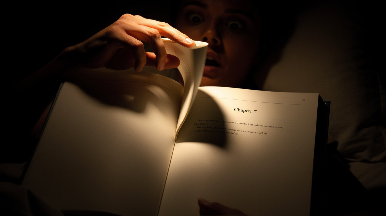 person turning book page in dim light