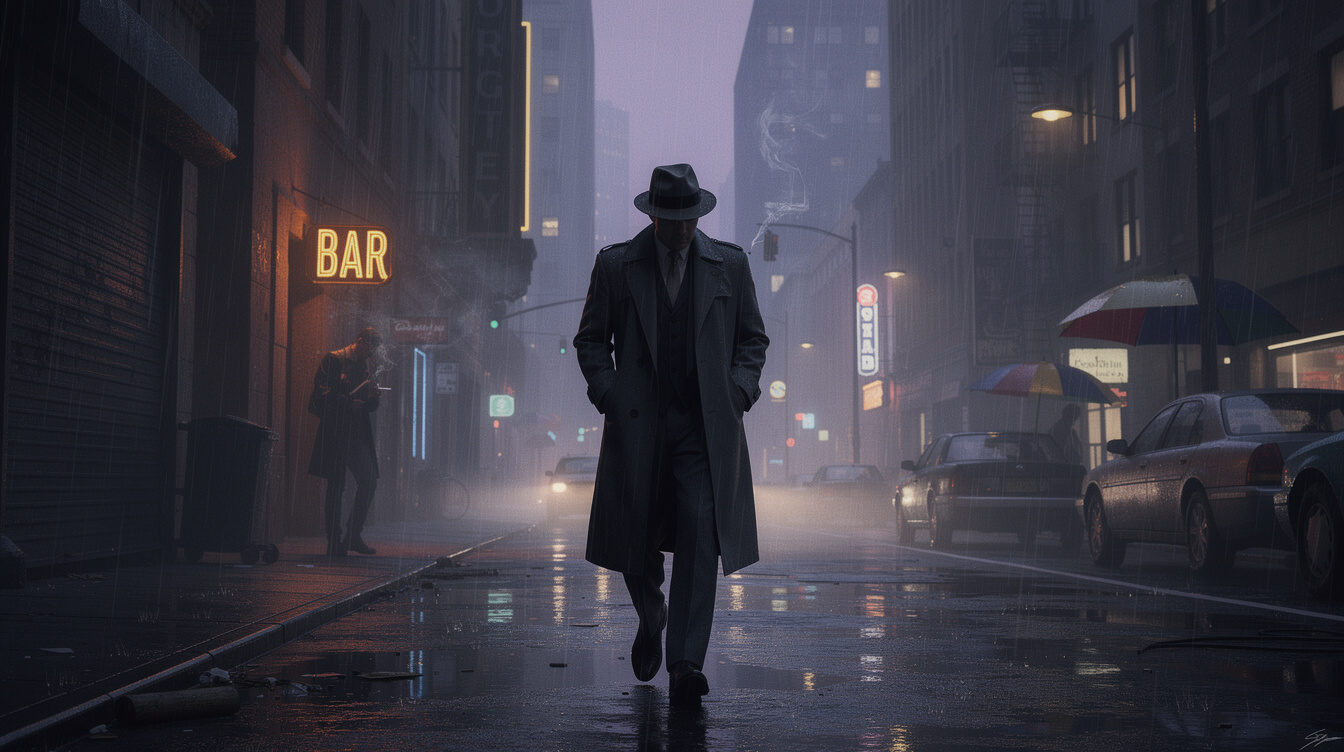 detective walking in rainy street
