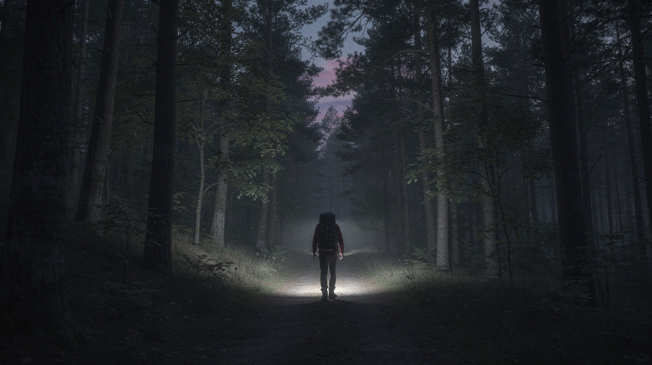 suspenseful forest path at dusk
