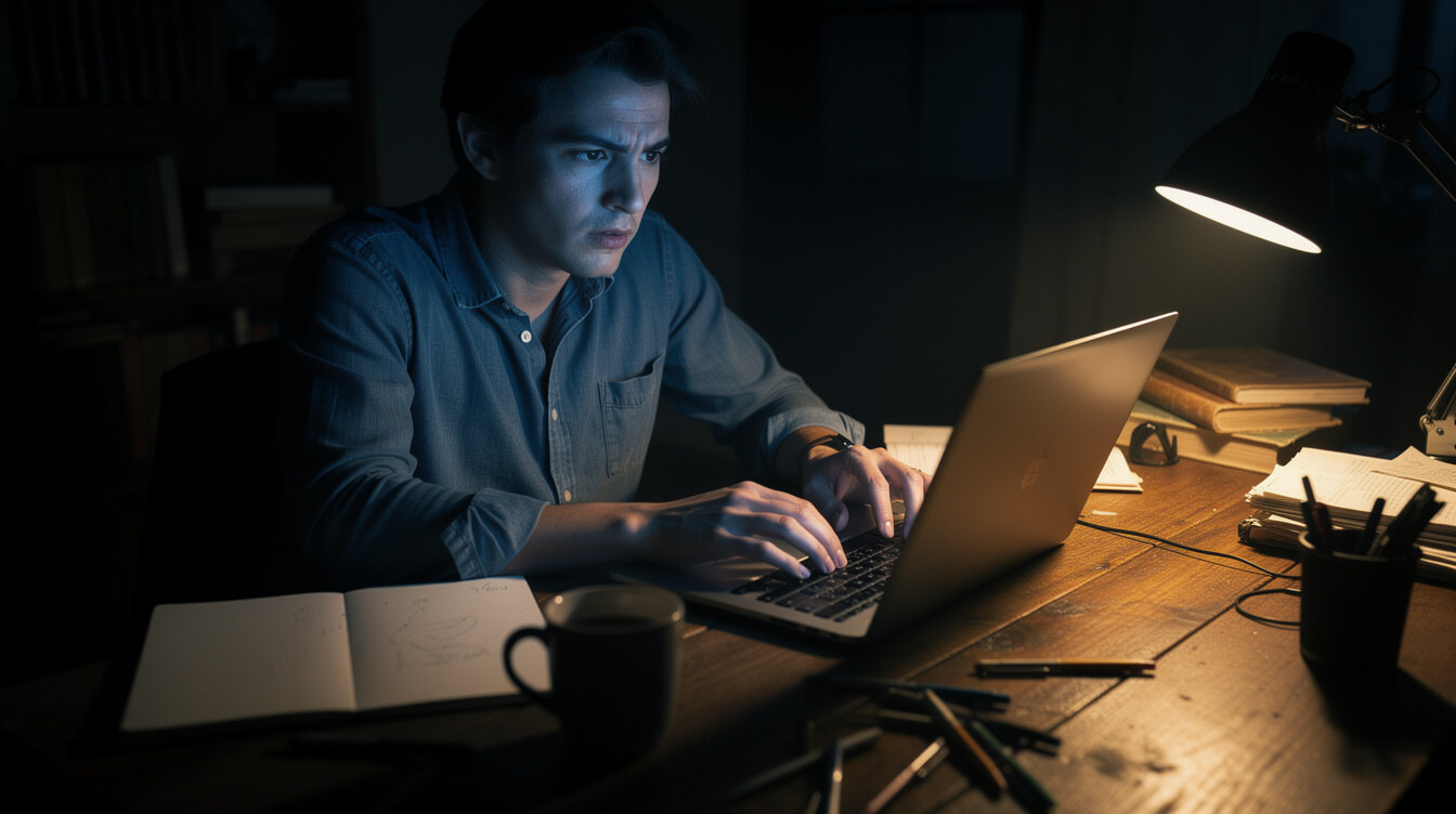 tense writer at desk typing mystery novel